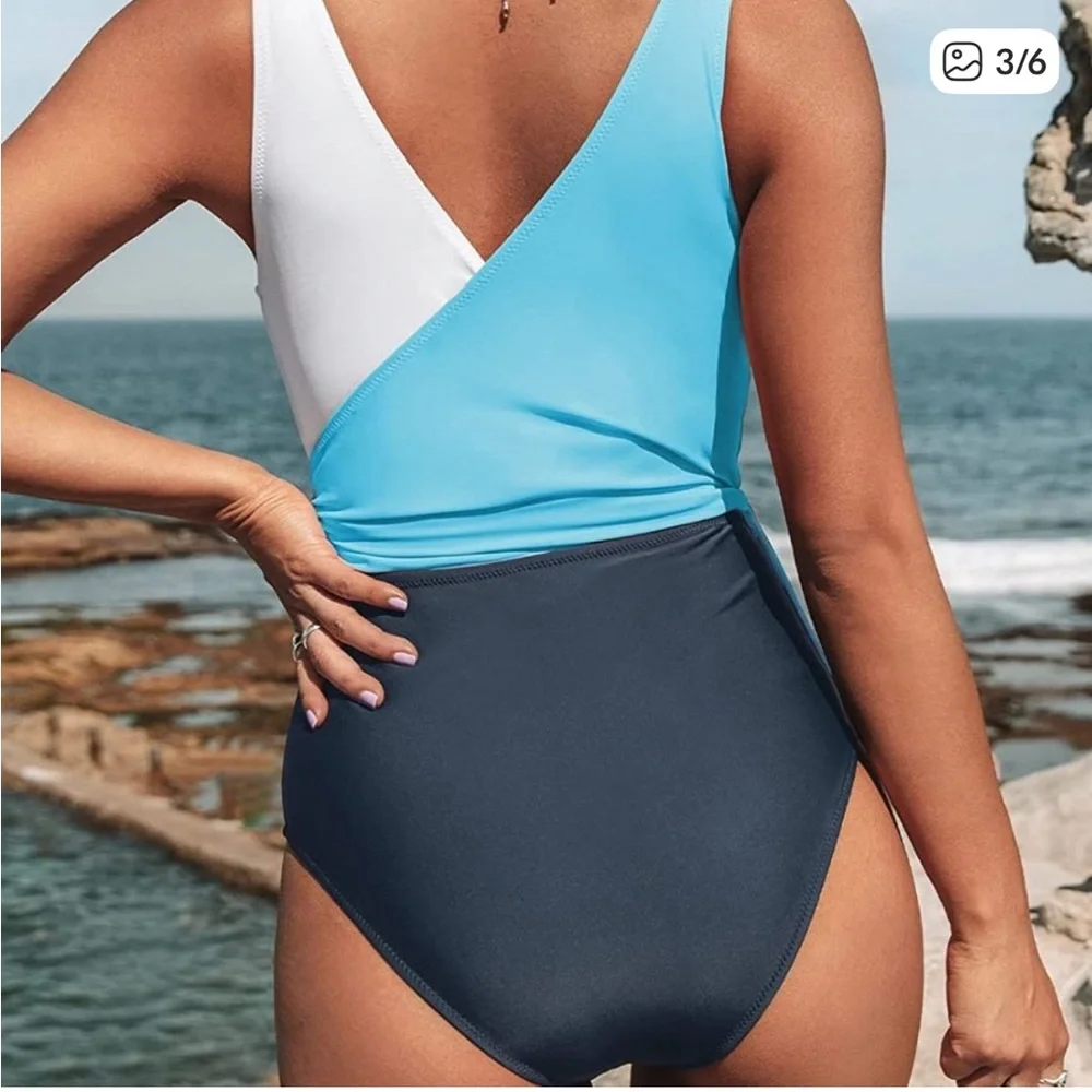 Cupshe Women's Blue Color Block One Piece Swimsuit Plunging Knotted Monokini